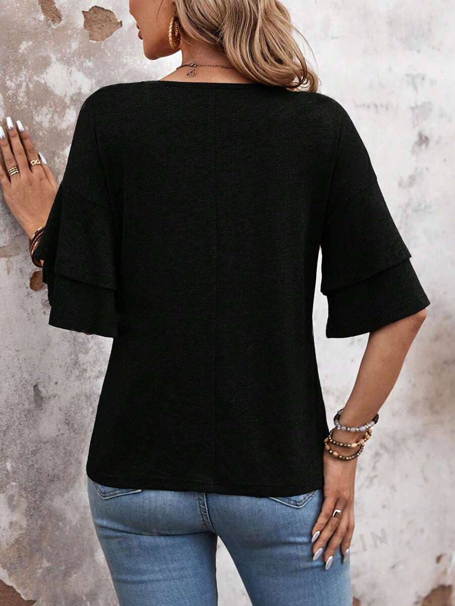 SOLID COLOR V-NECK DOUBLE-SLEEVED BAGGY BLOUSE