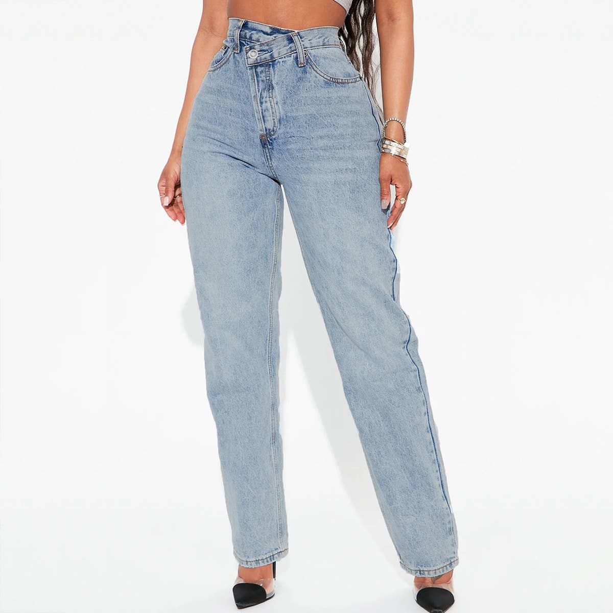 DIAGONAL CROSS VINTAGE STRAIGHT LEG DENIM PANTS