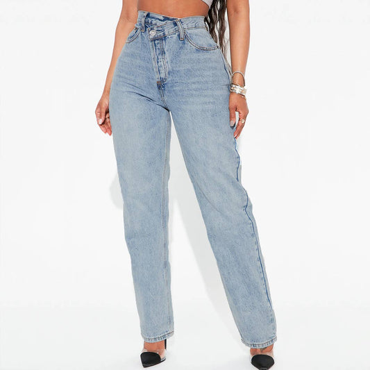 DIAGONAL CROSS VINTAGE STRAIGHT LEG DENIM PANTS