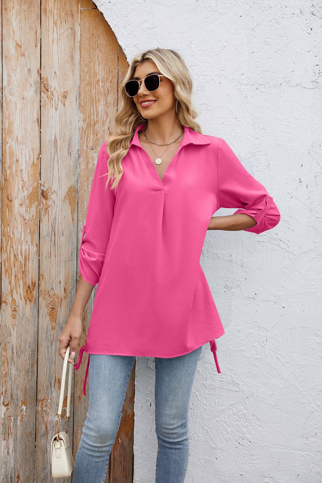 Solid-color loose mid-sleeved chiffon shirt