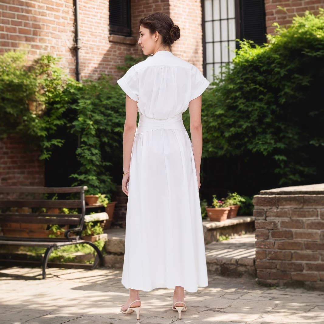 Sun metal belt short sleeve stand-up collar dress