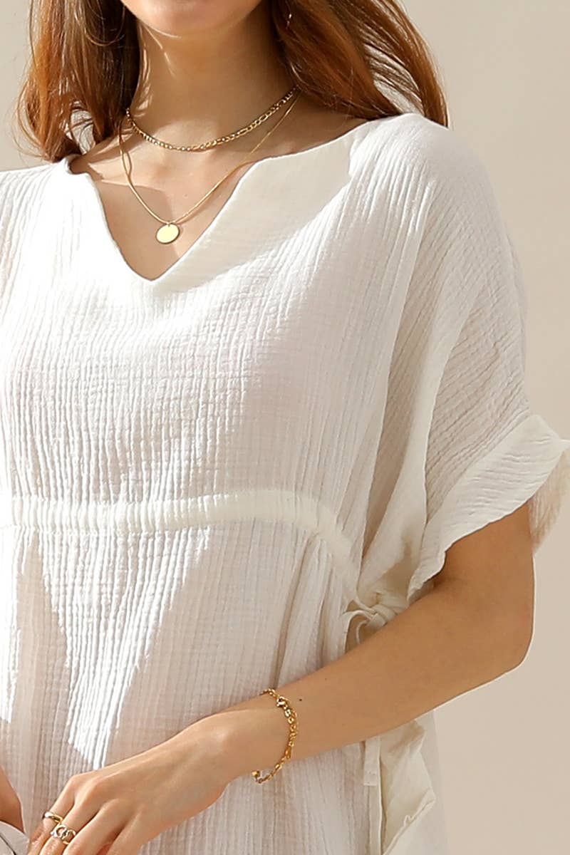 CWDSD10360_DRAWSTRING WAIST SOFT COTTON RUFFLE HEM DRESS