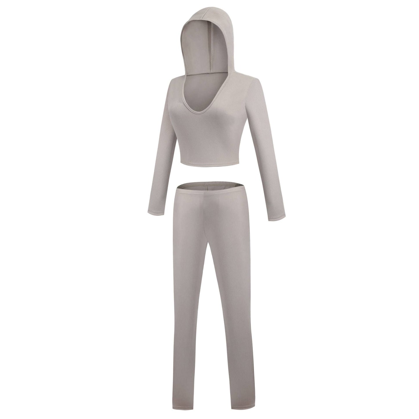 LONG SLEEVE SOLID COLOR HOODED CASUAL SPORTS SUIT