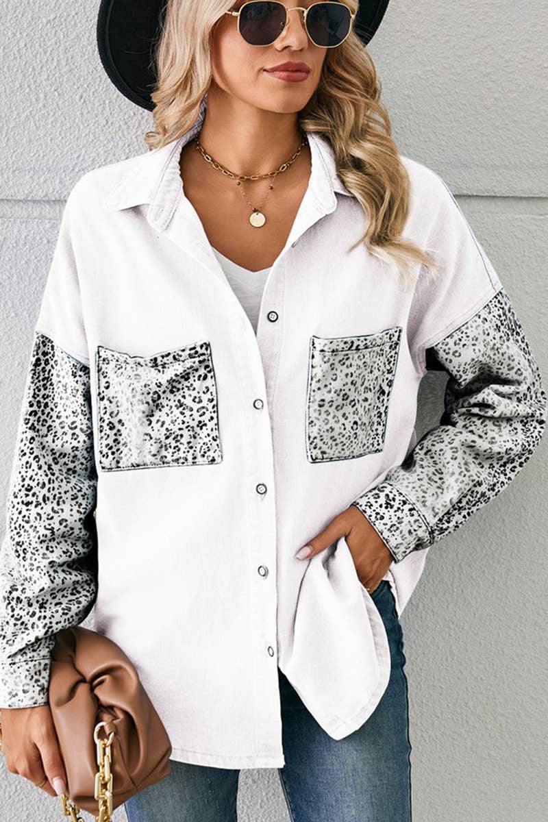 LEOPARD LONG SLEEVE PATCHWORK DENIM SHIRT CARDIGAN_CWJT0020