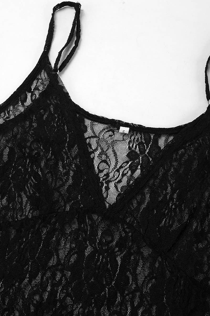 CWDMD955_SHEER LACE V-NECK SLIT SUSPENDER DRESS