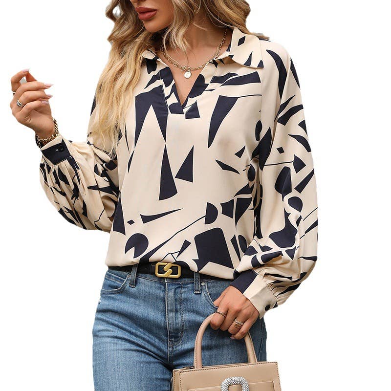 Draping geometric print long-sleeved shirt