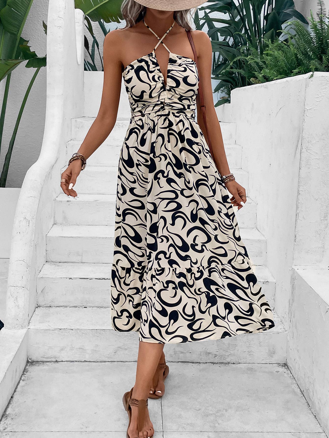 Sleeveless cross-halter high-waisted long dress