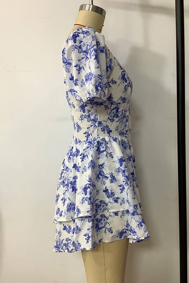 PRINTED SLIM SHORT SLEEVE CAKE DRESS