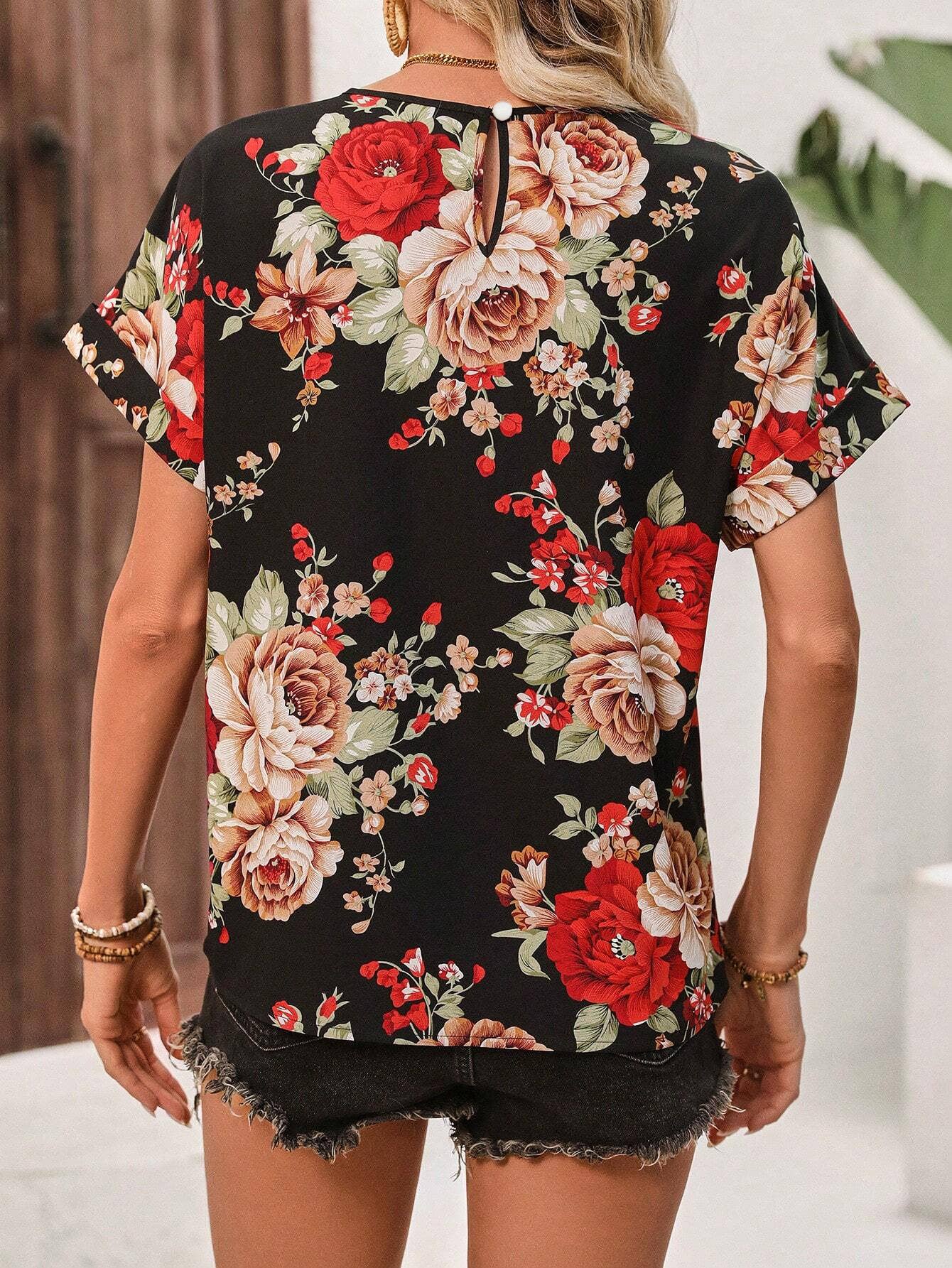 Fashion printed multi-color U-neck blouse