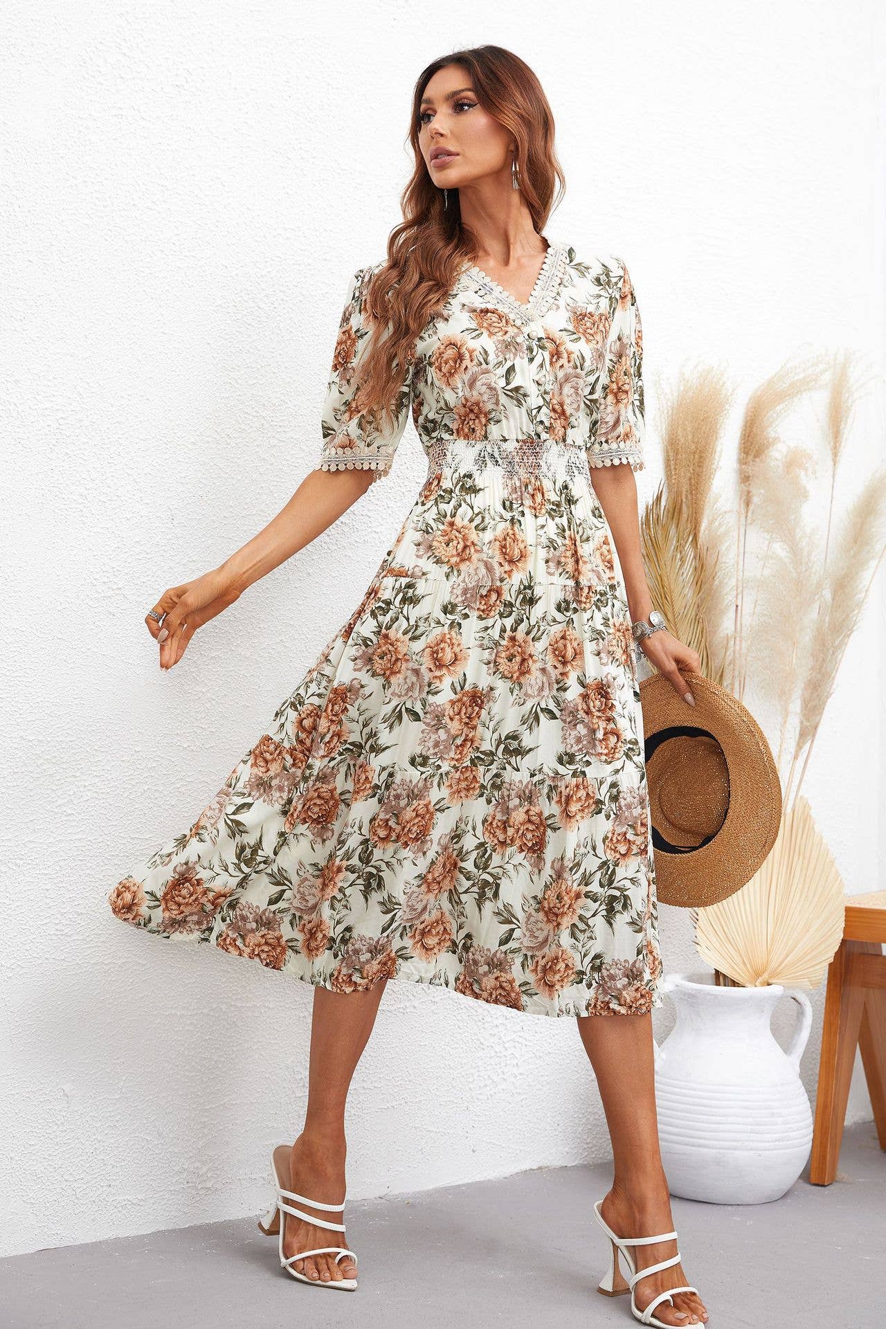 V-NECK FASHION PRINT LONG DRESS