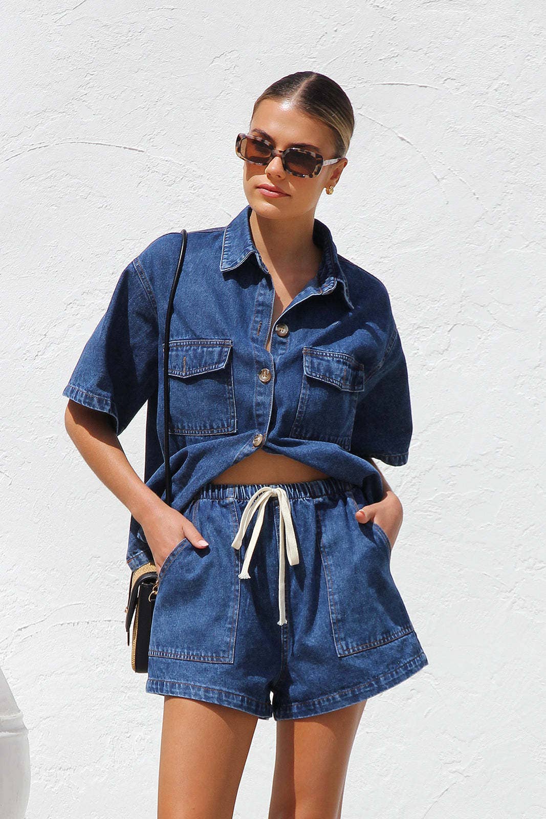 Retro casual loose pocket shirt & shorts set