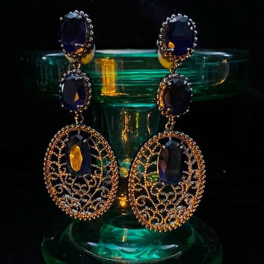 HOLLOW DARK BLUE CZECH DIAMOND EARRINGS