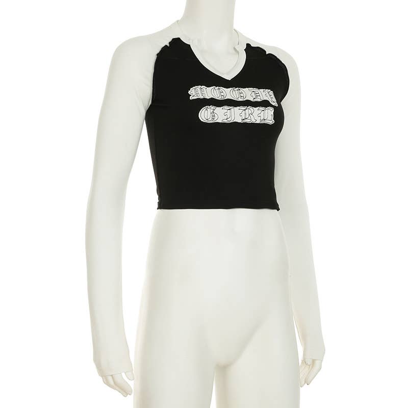 LETTER PRINT V-NECK KNITTED LONG SLEEVE T-SHIRT