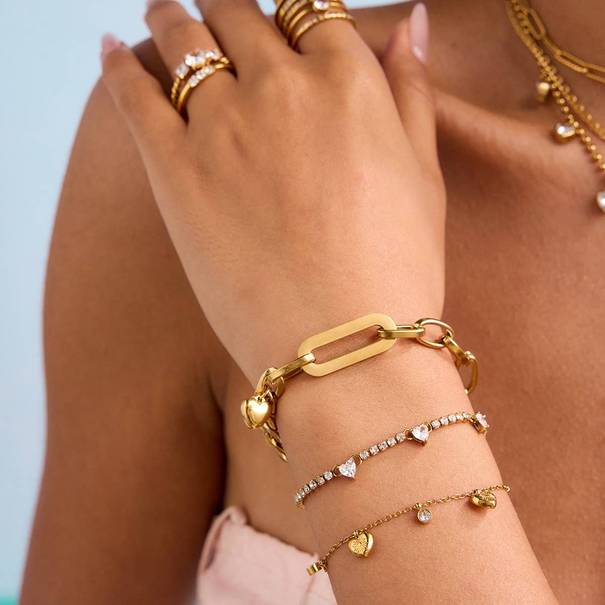 18K Gold Titanium Heart Zircon Bracelet, Luxury_CWAJE4718