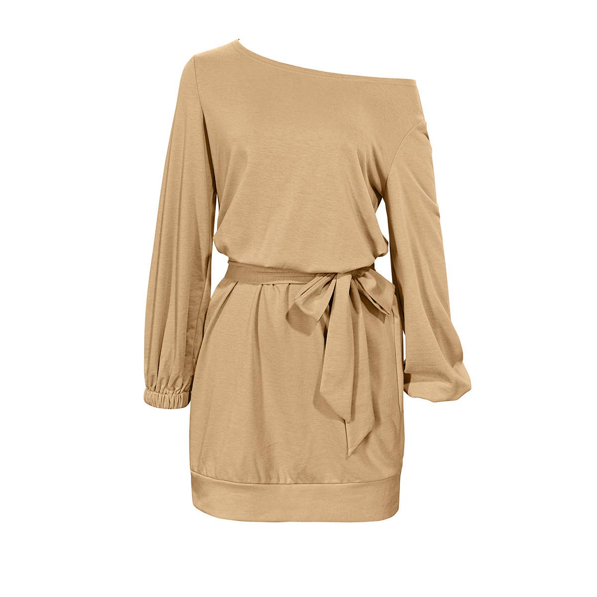 Off-the-shoulder solid-color long-sleeved dress