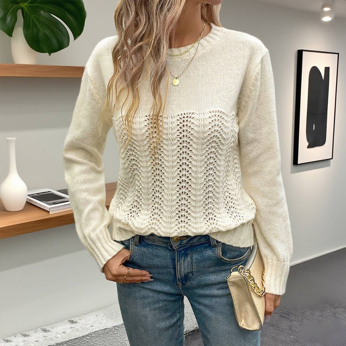 Solid-color simple hollowed-out knitted sweater