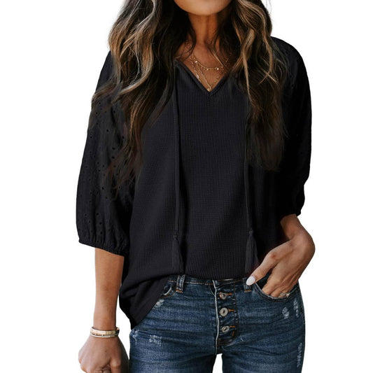 Women¡¯s jacquard waffle V-neck puff sleeve top