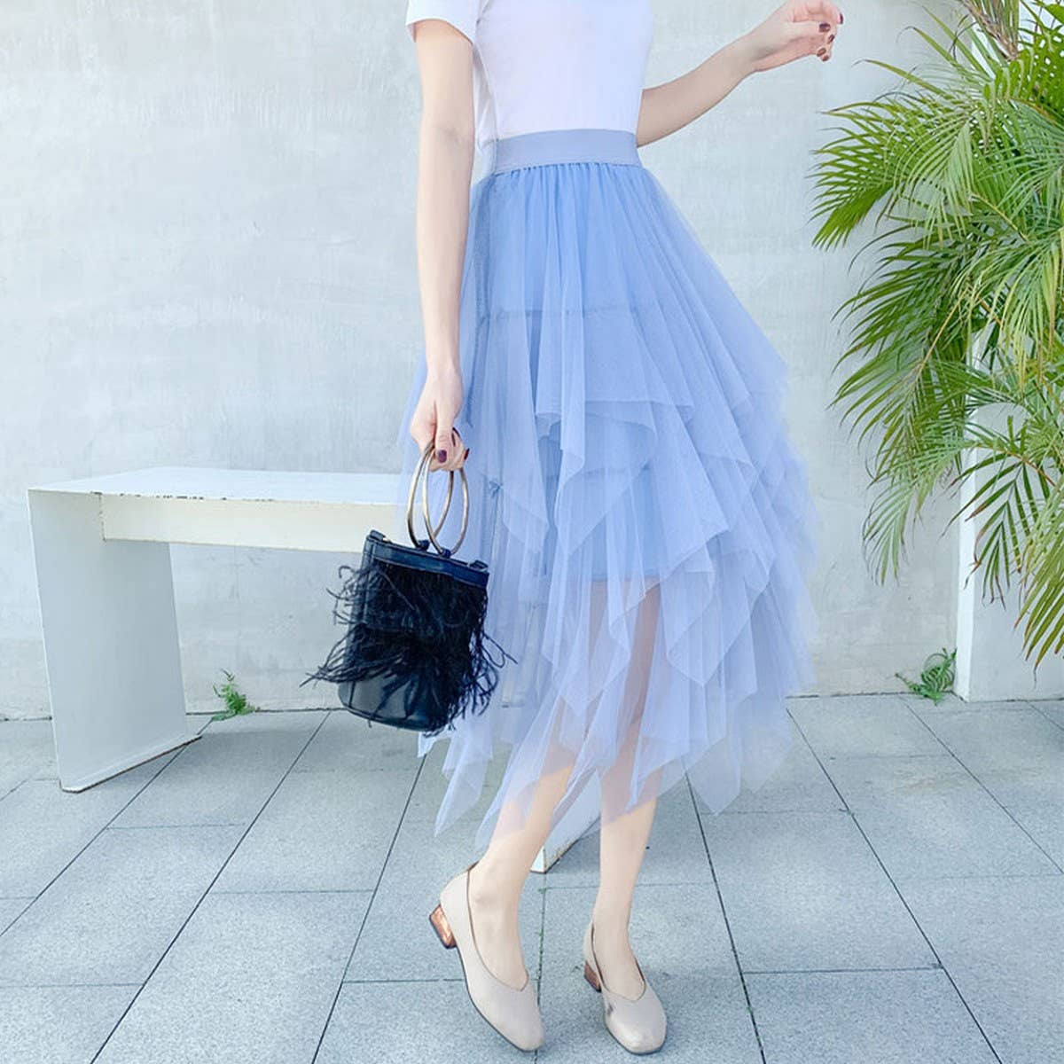 Asymmetrical Tulle High-Waist Midi Skirt_CWBMS0398