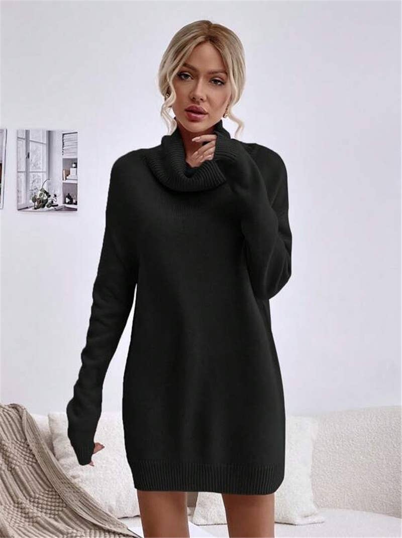 Solid-color loose high-neck knitted dress