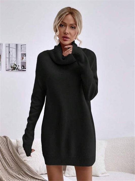 Solid-color loose high-neck knitted dress