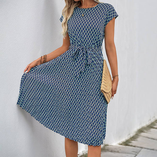 Fly-Sleeve Geometric Print Crew Neck Dress