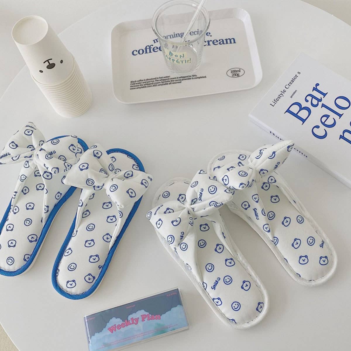 KLEIN BLUE SMILEY BEAR BOW SLIPPERS FOR WOMEN