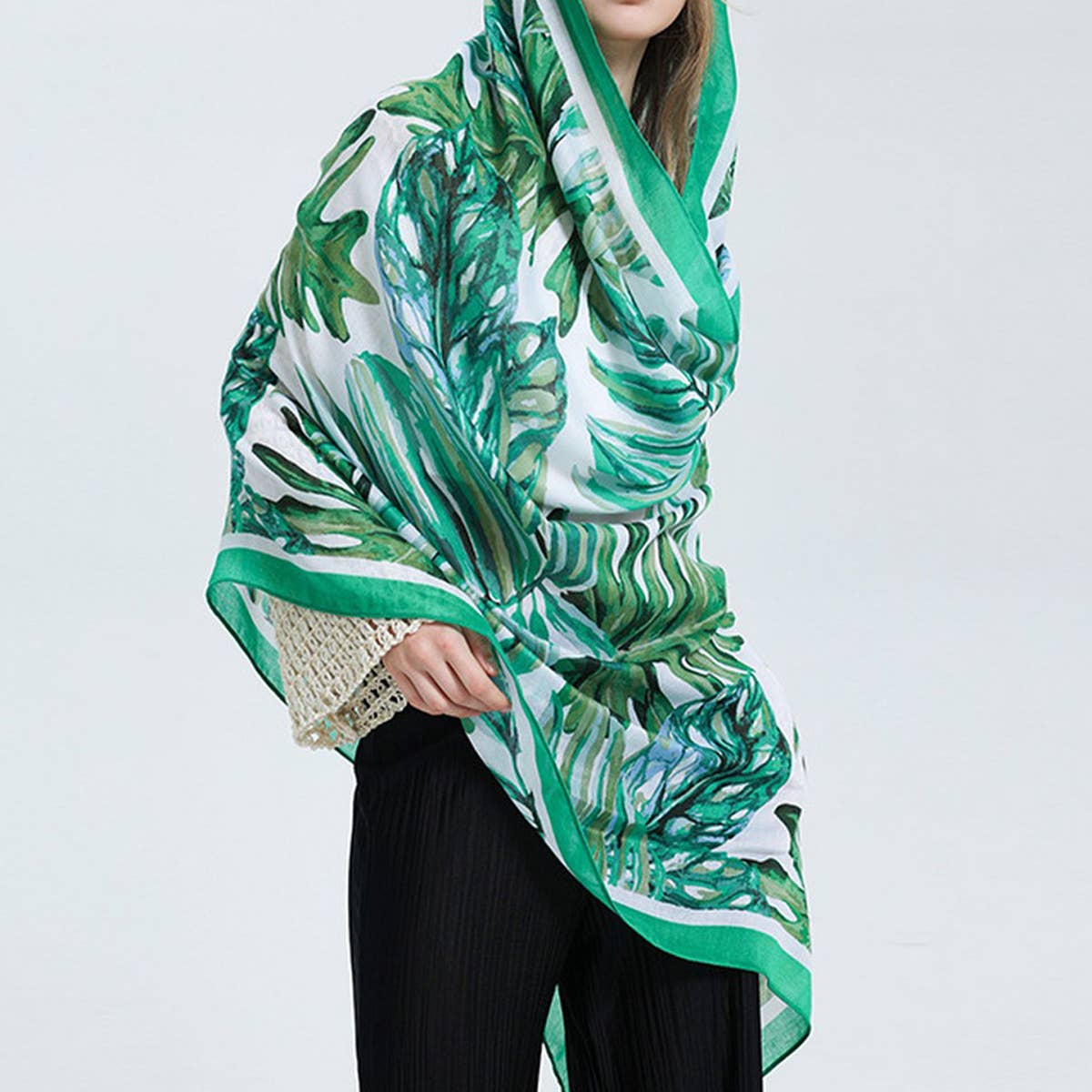 Banana Leaf Print Scarf - Green Summer Beach Wrap_CWASC0676