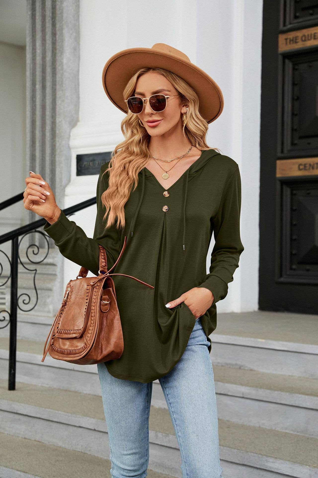 V-NECK BUTTON-UP HOODIE LOOSE LONG-SLEEVED HOODIE