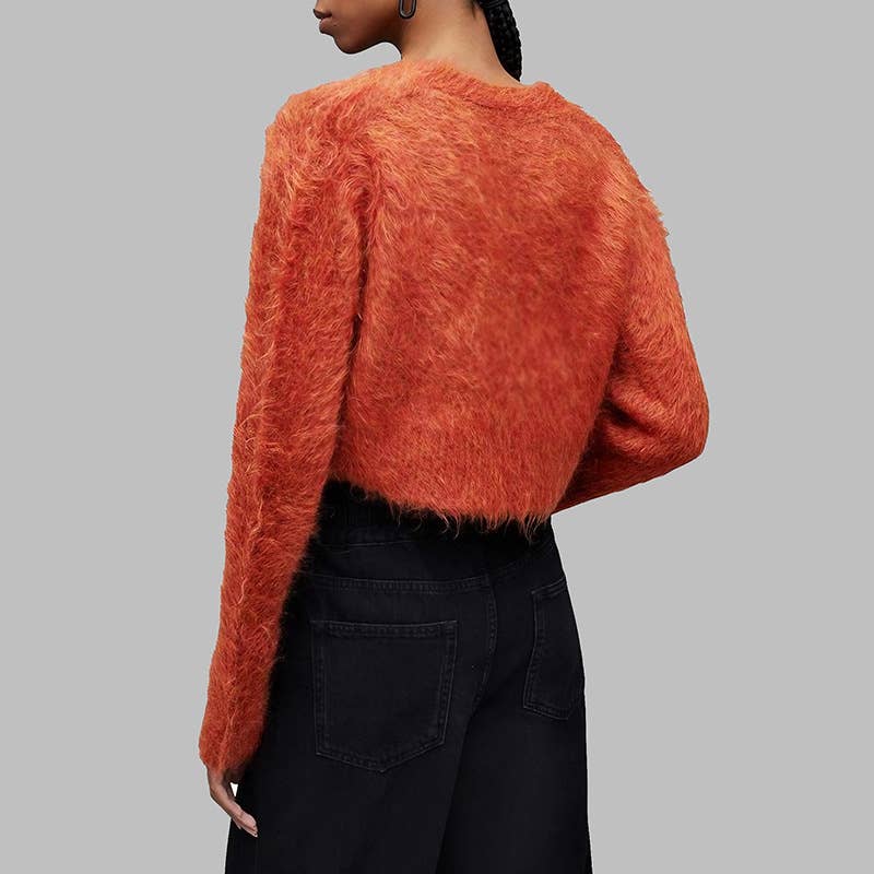 V-NECK SINGLE BREASTED MINK HAIR SHORT SWEATER