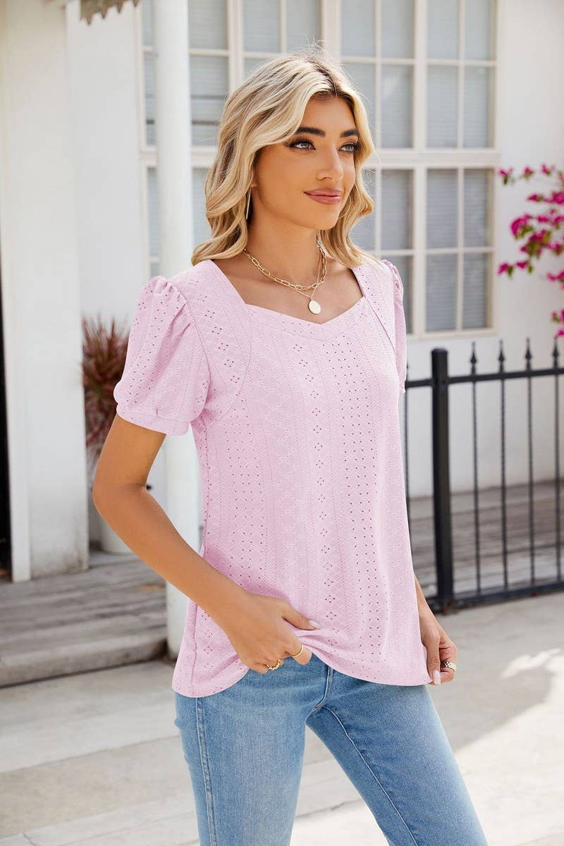 SQUARE COLLAR SPLICING SHORT SLEEVED TOP_CWTSTS0285