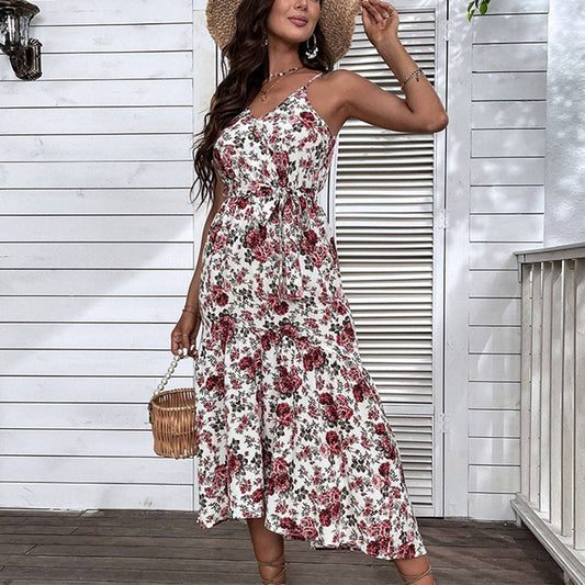 PRINT LACE-UP SEXY BEACH HALTER DRESS