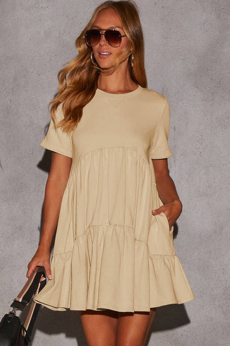 CWDSD7774_CASUAL POCKETED SHORT SLEEVE RUFFLED DRESS