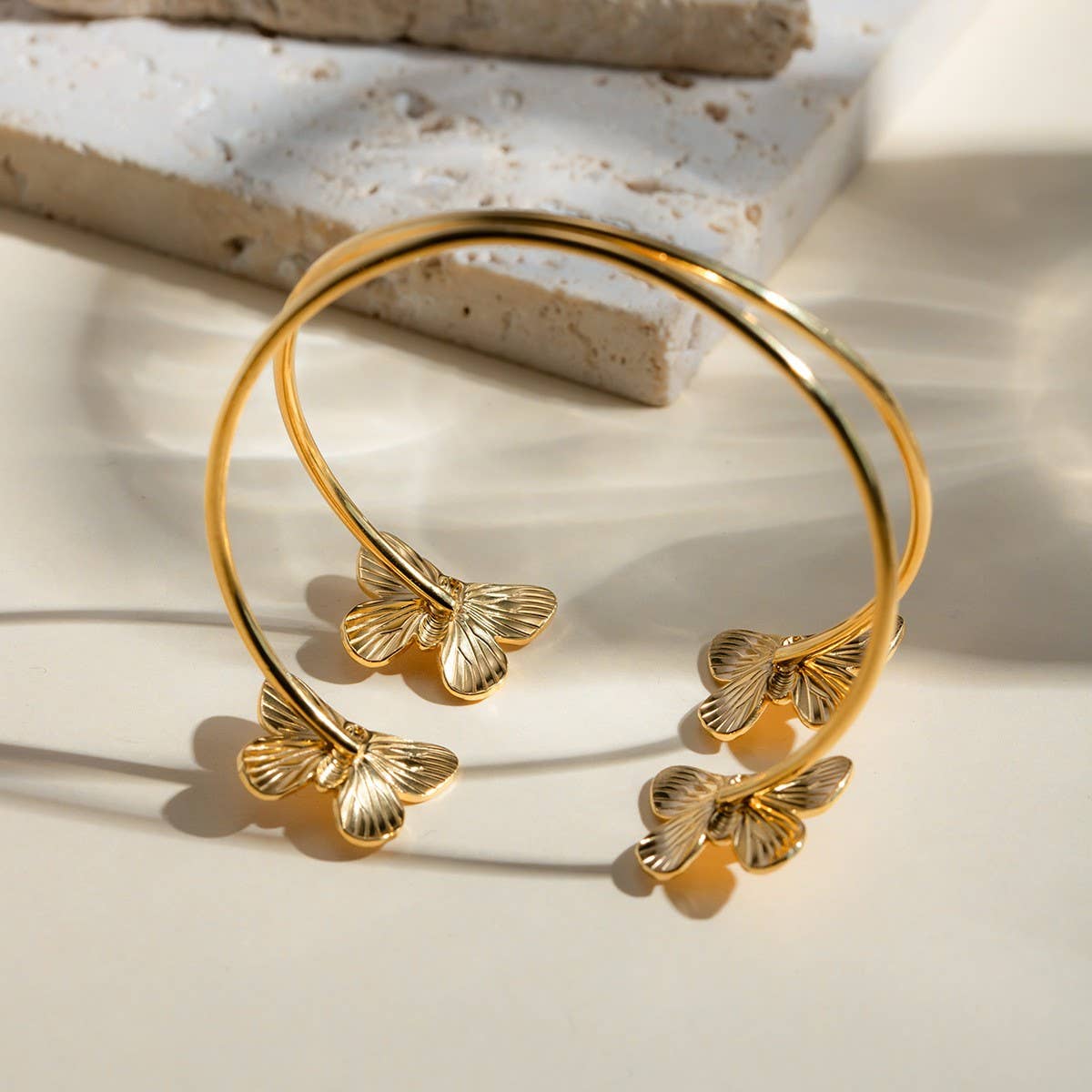 Stylish 18KGold Double Round Butterfly Open Bangle_CWAJE4716