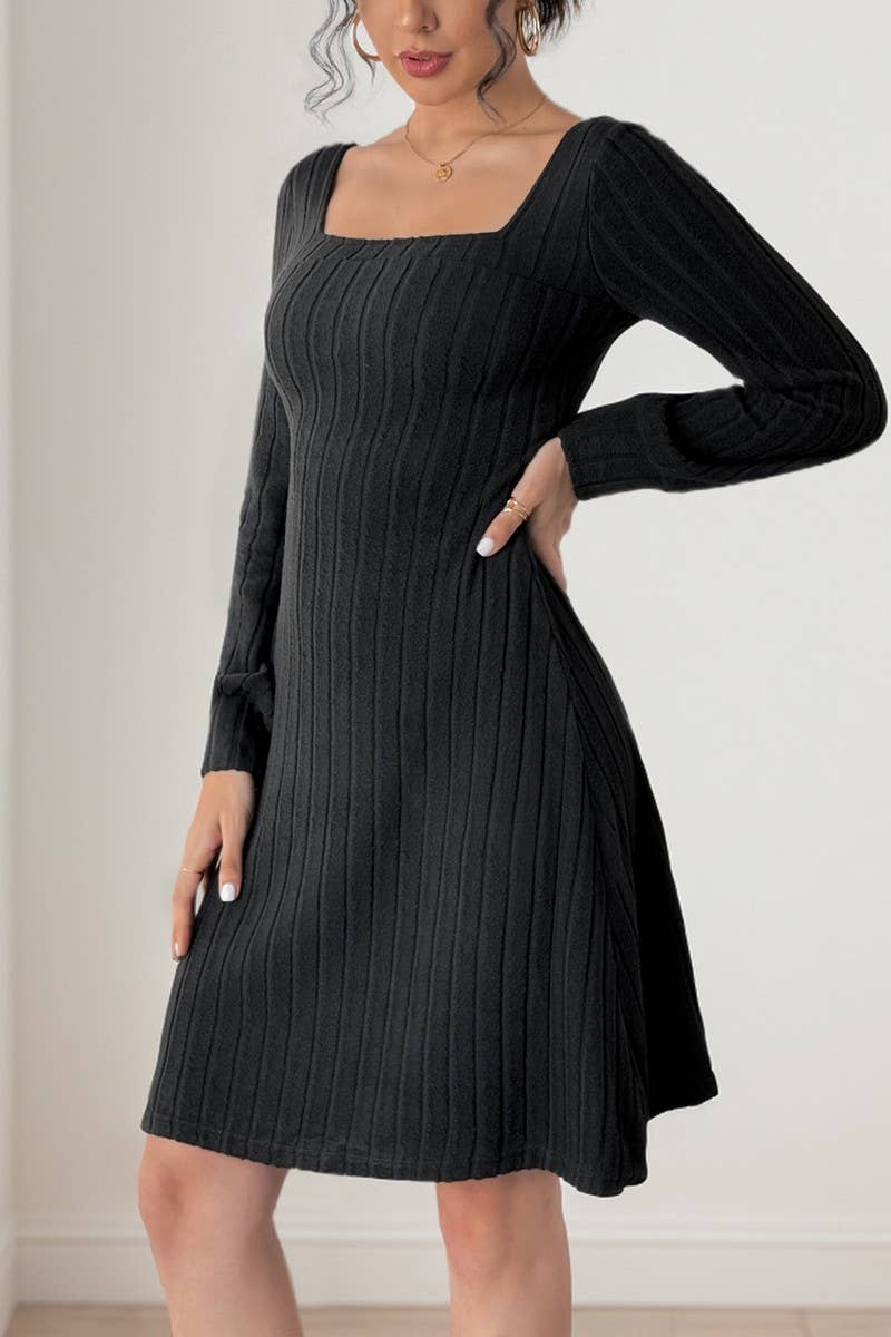 CWDMD4800_BRUSHED RIBBED SLIT V-NECK LONG SLEEVE DRESS