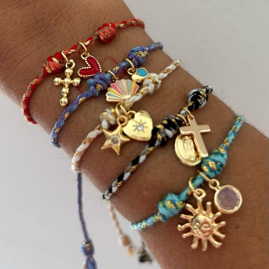 18K Gold Star & Cross Charm Color Cord Bracelet_CWAJE4617