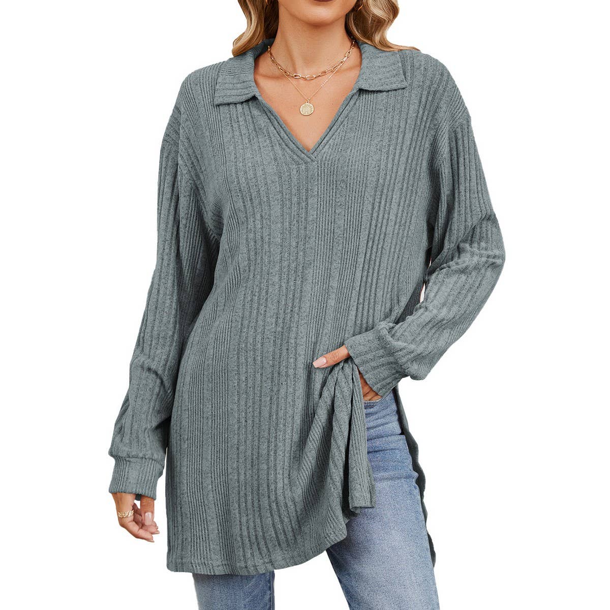 Lapel slit long sleeve loose long T-shirt