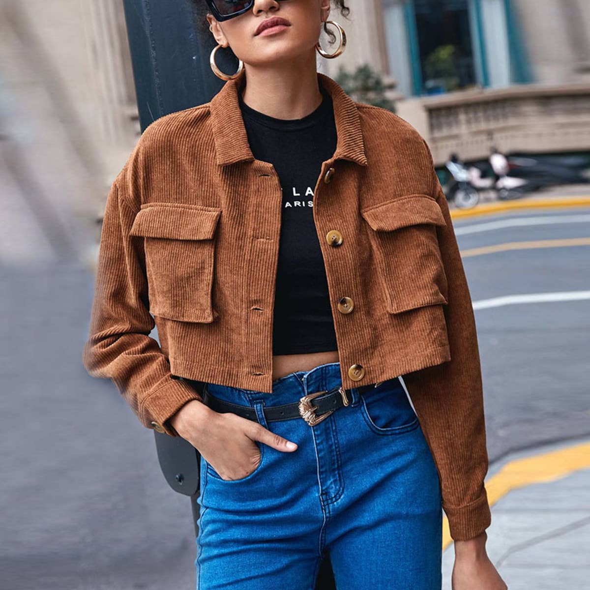 Single-breasted lapel corduroy long-sleeved jacket