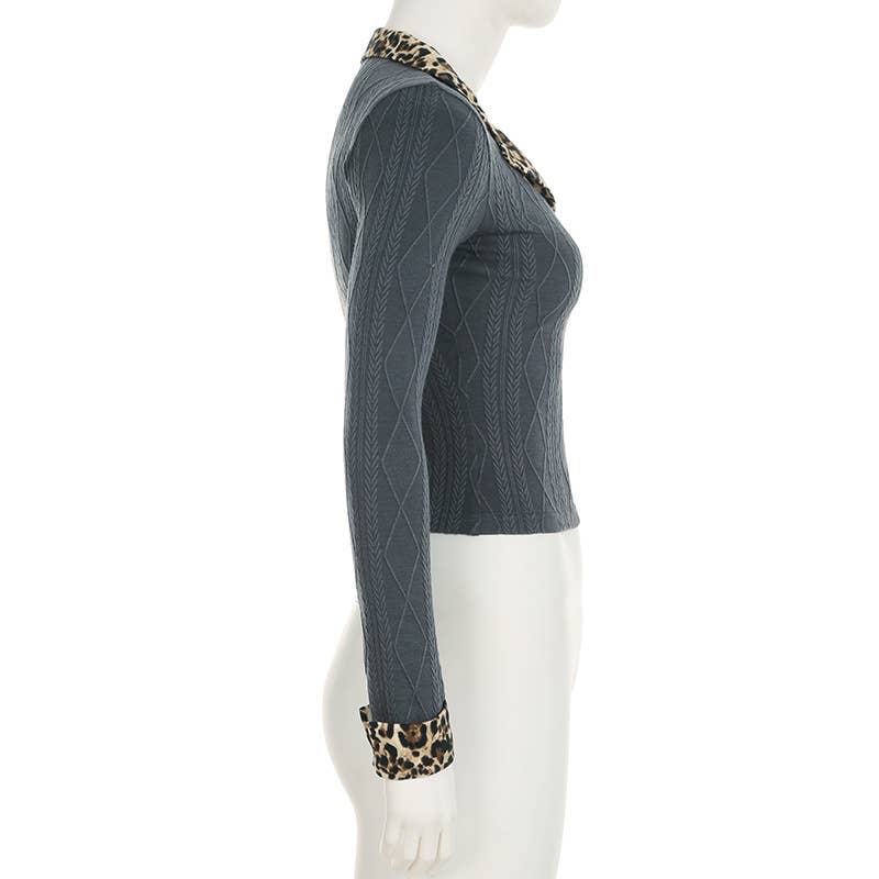 LEOPARD PRINT PATCHWORK KNIT LONG SLEEVE T-SHIRT