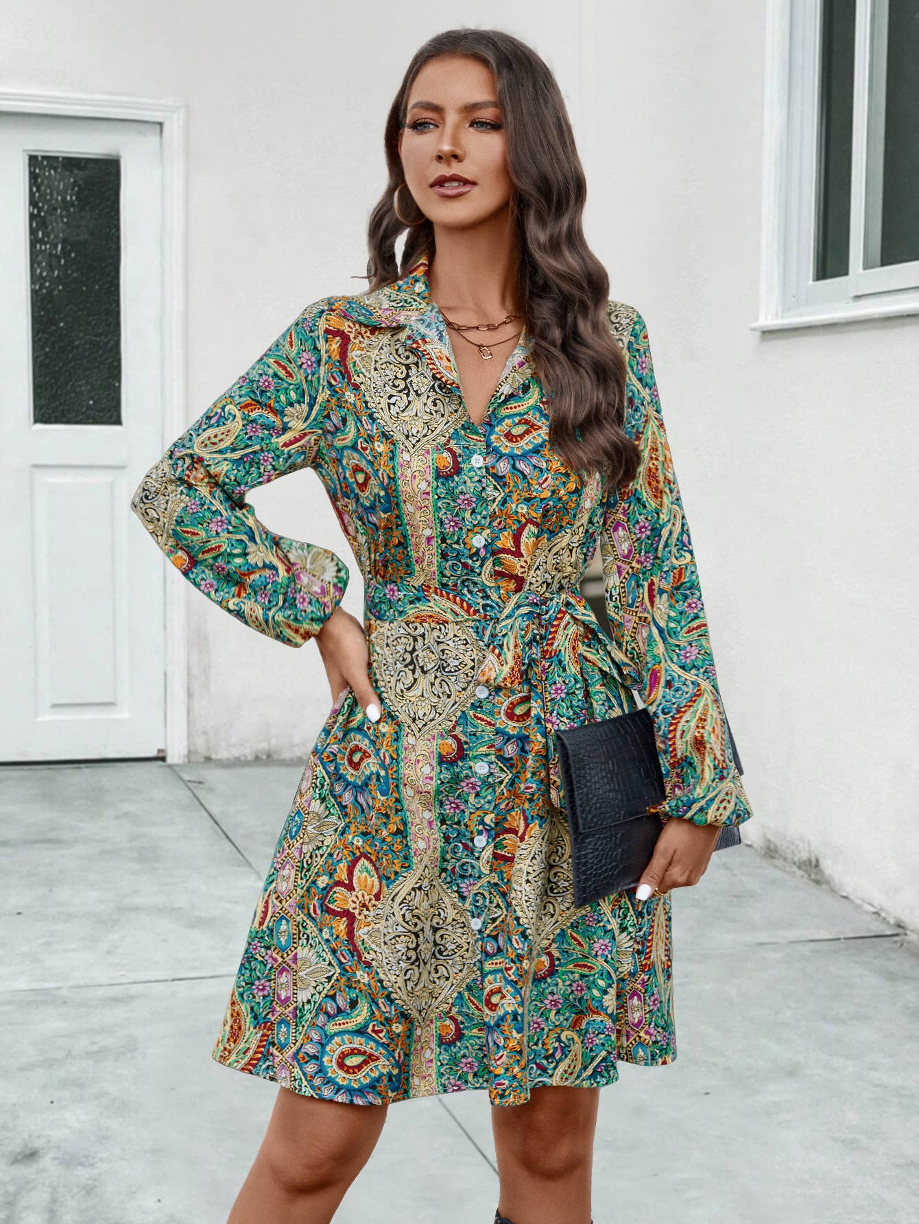 Ethnic style printed long-sleeved shirt dress