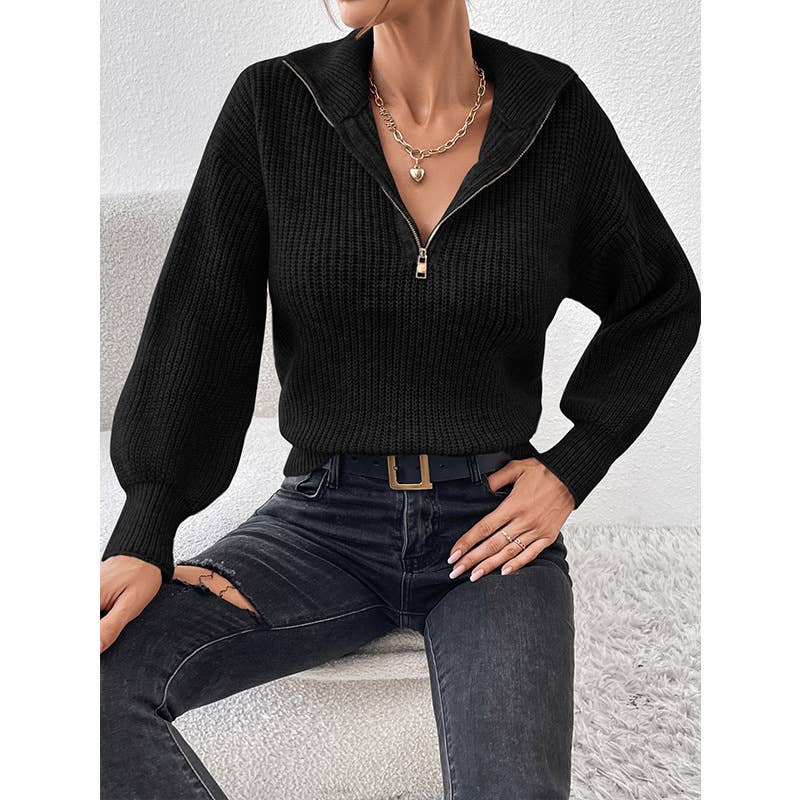 SOLID COLOR LOOSE CASUAL POLO NECK ZIP-UP SWEATER