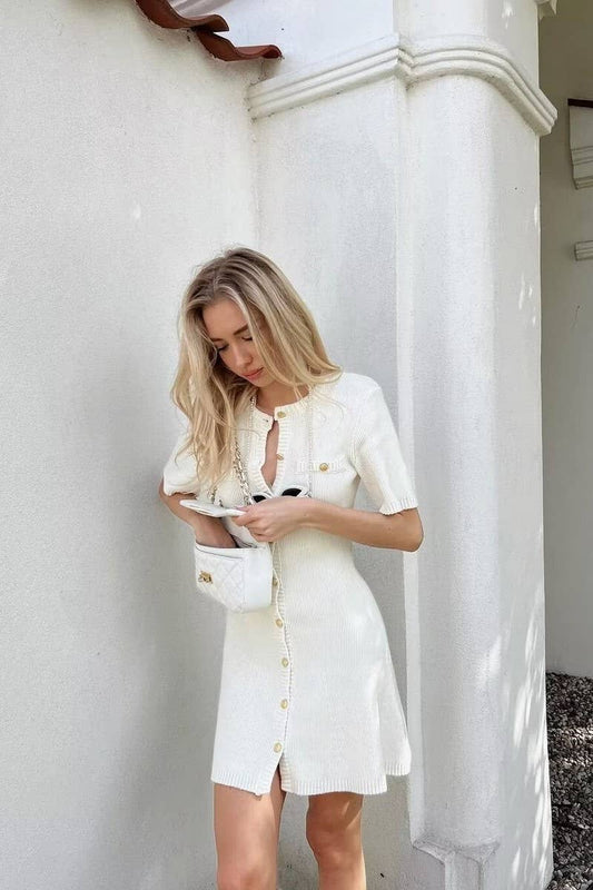 CWDSD6600_SHORT SLEEVE BUTTON KNIT SWEATER DRESS