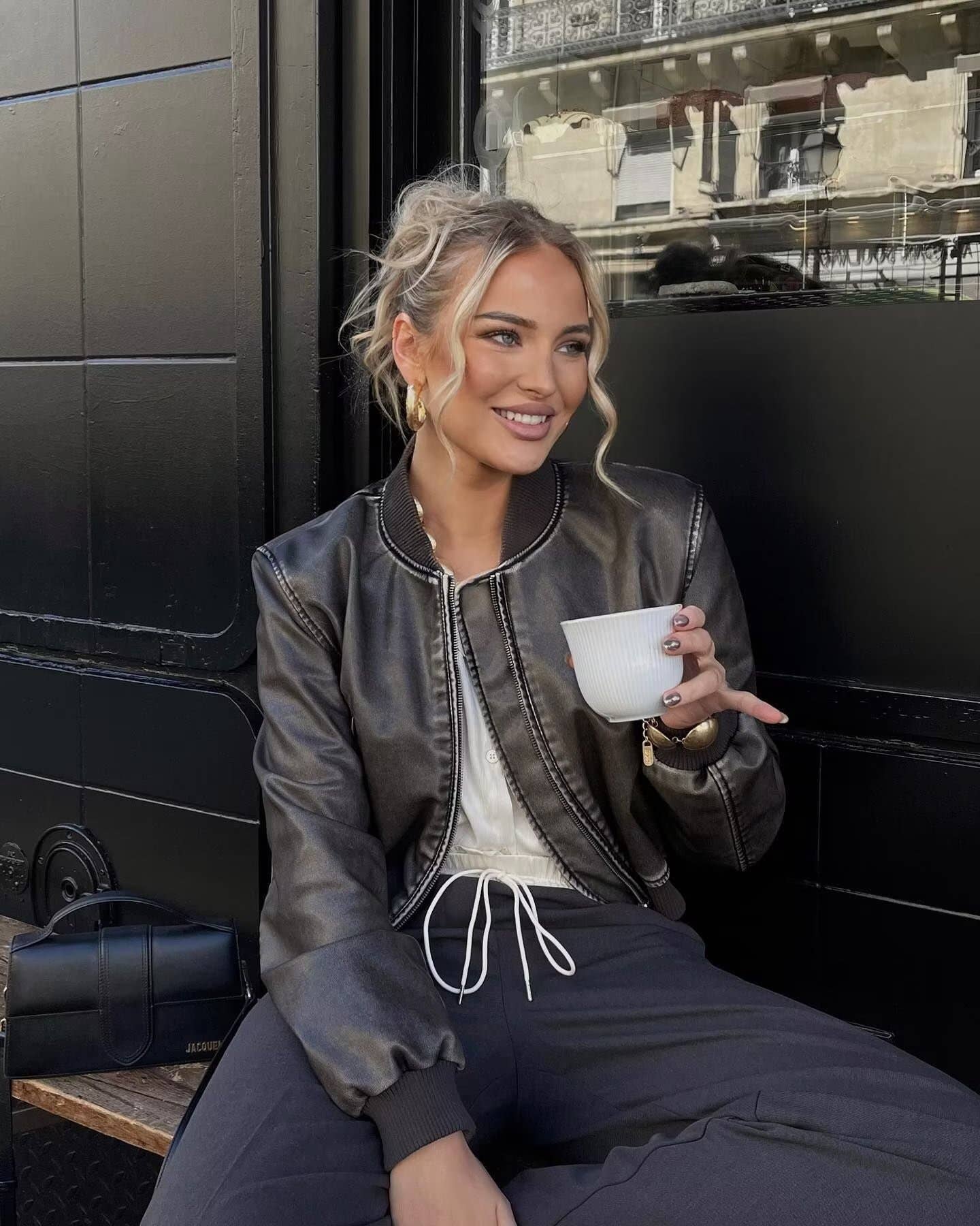 Stand-up collar motorcycle pilot leather jacket