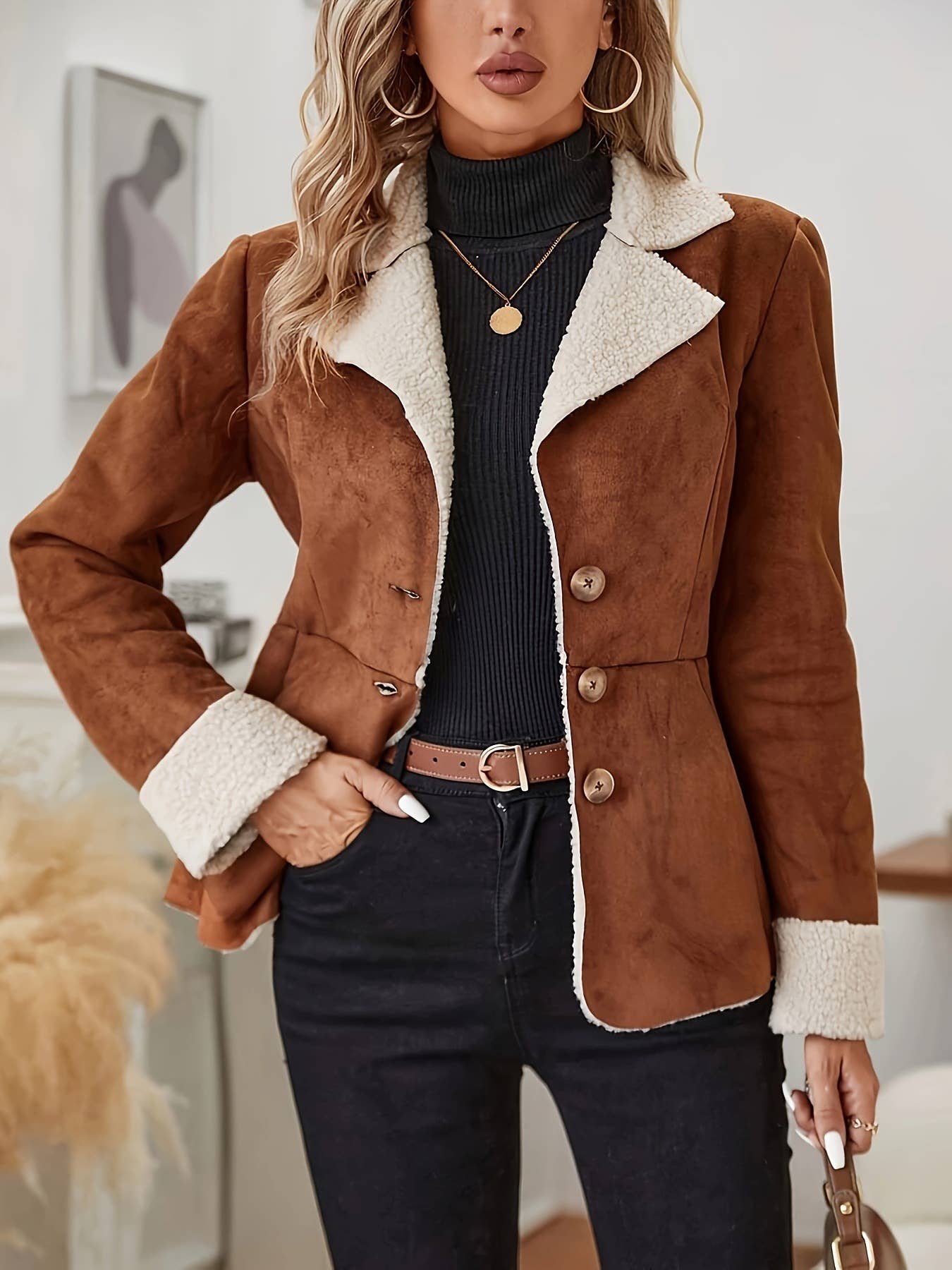 Warm fur one-piece lapel vintage suede jacket
