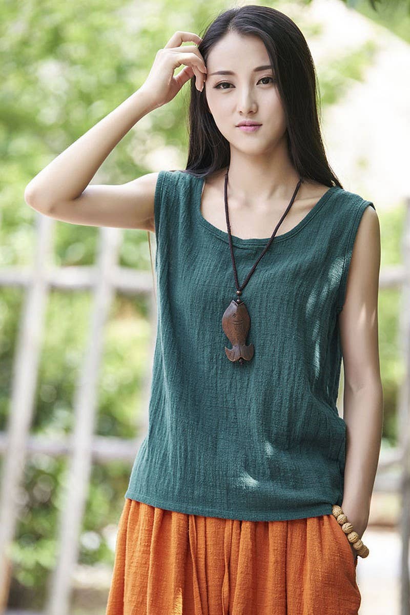 Cwtblsl0565_Loose Cotton And Linen Sleeveless Vest