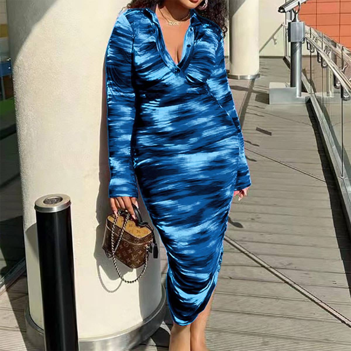 LAPEL SINGLE-BREASTED TIE-DYE SHEATH DRESS