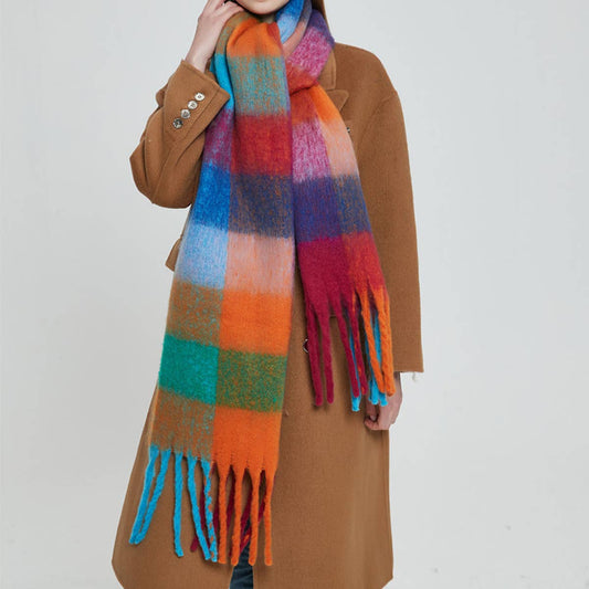 Rainbow Plaid Fuzzy Scarf--Thick Winter Shawl Wrap_CWASC1051