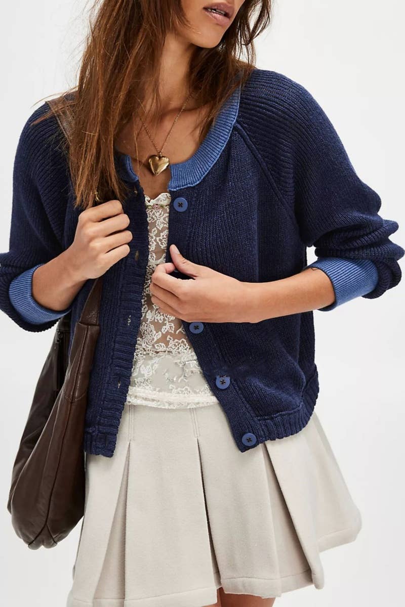 CWOCAL1825_COLOR CONTRAST SHORT BUTTON UP SWEATER CARDIGAN