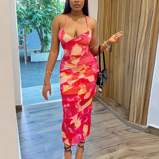 PRINTED SEXY HALTER HALTER IRREGULAR DRESS