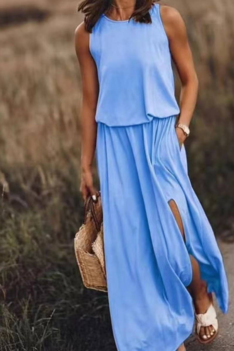 CWDMD5390_SOLID COLOR SLEEVELESS BALLOON LONG DRESS