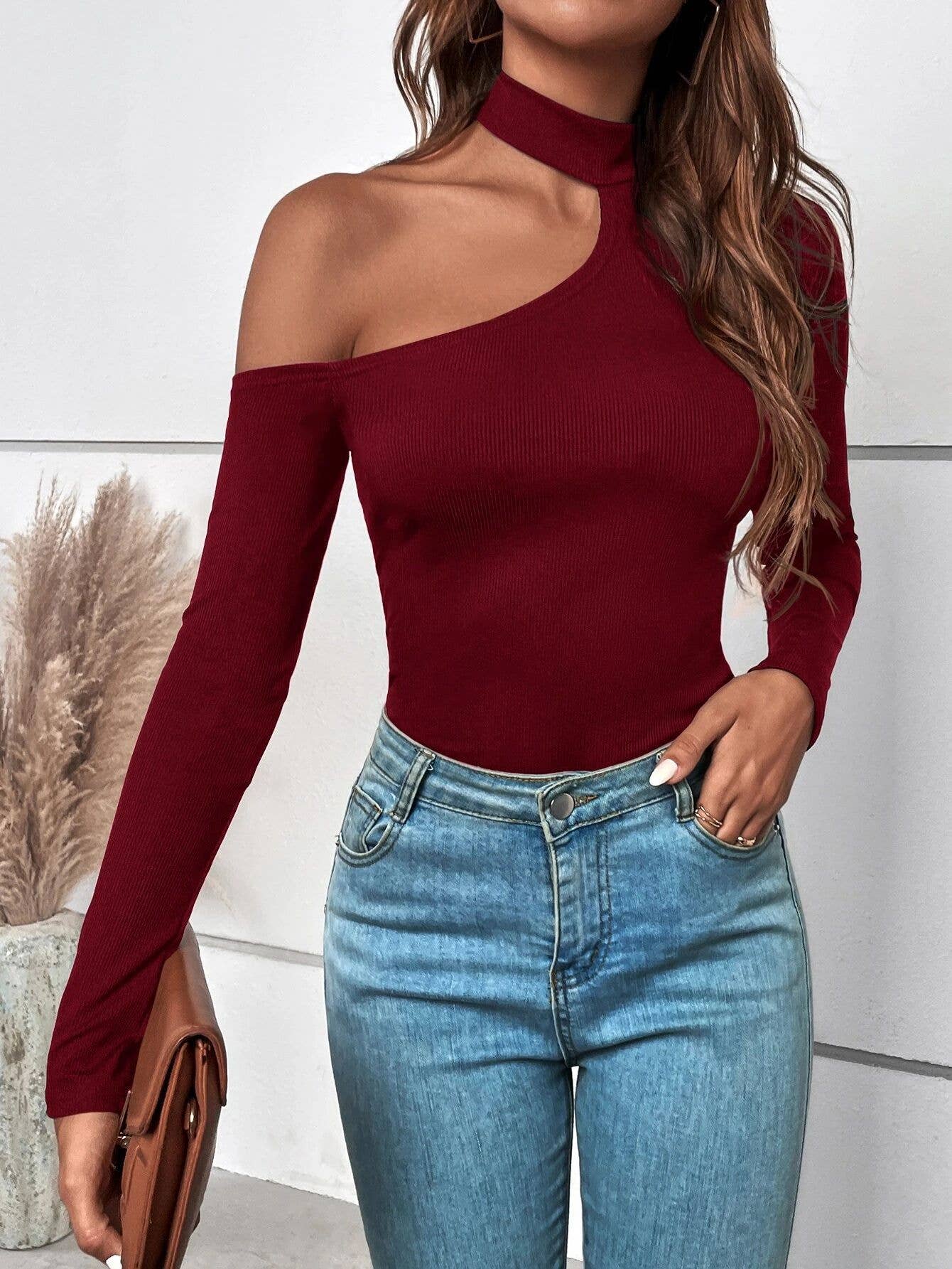 ASYMMETRICAL NECKLINE SOLID COLOR KNIT BASE